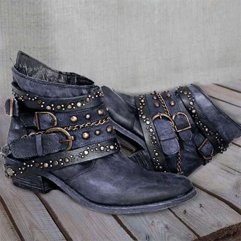 Women's western ankle boots in tan PU leather with buckle and chain details, low heel