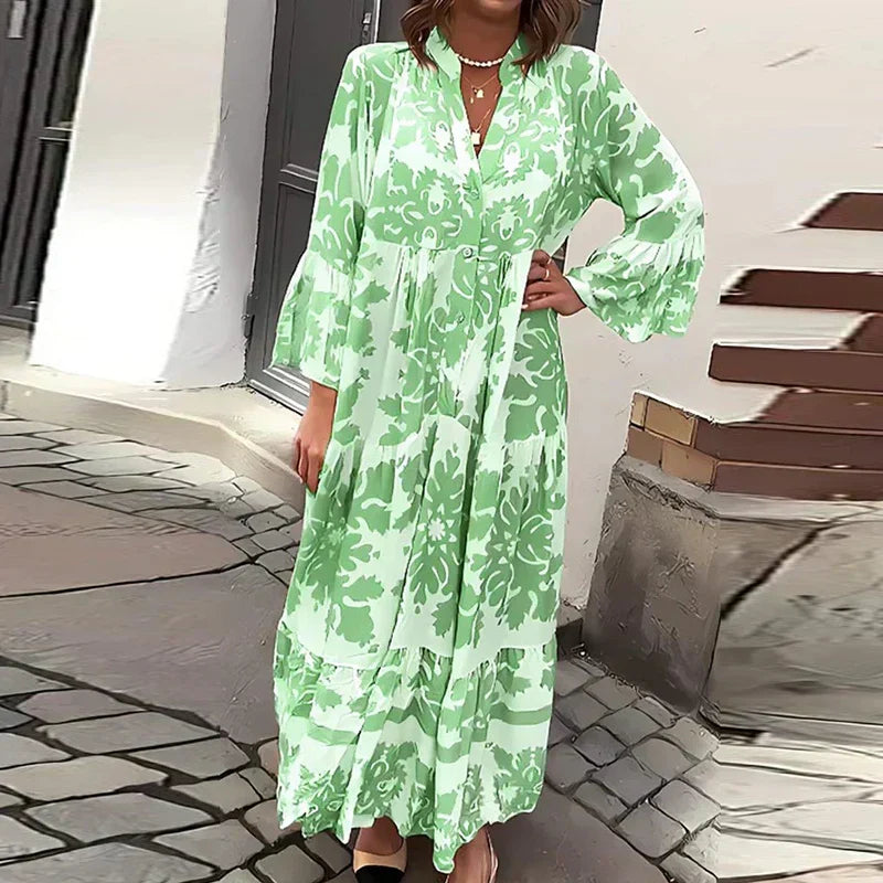 Women's boho flowy printed maxi dress in vibrant artistic patterns with draped silhouette
