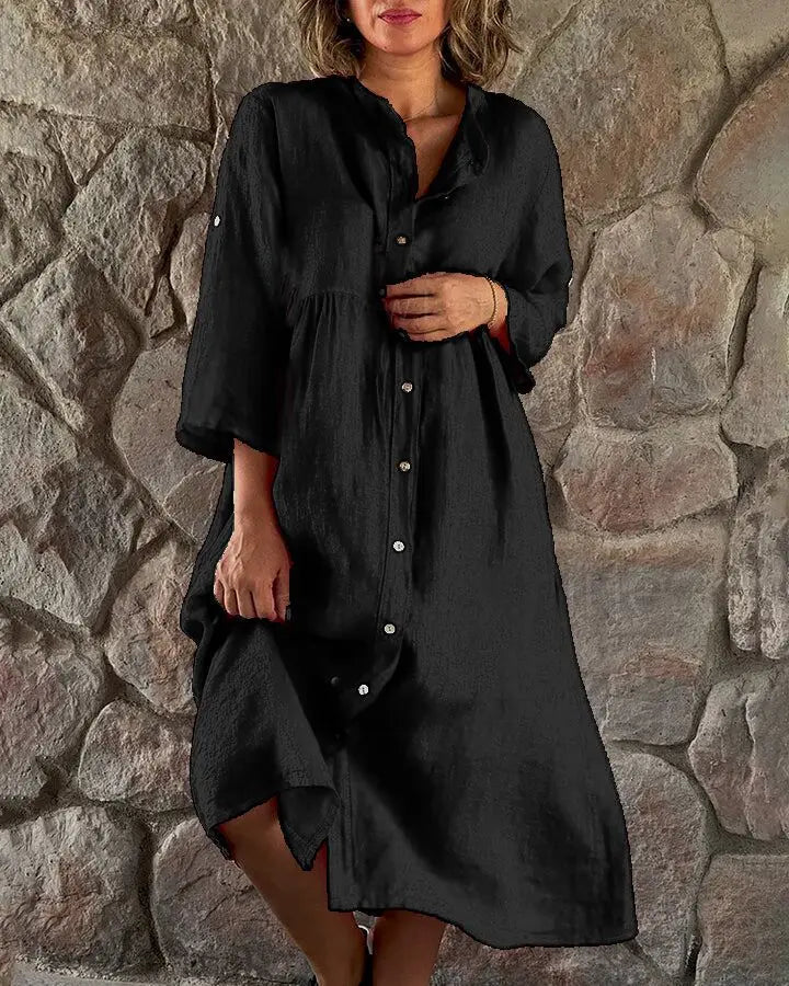 Women's linen midi shirt dress long sleeve button-down relaxed fit with full-length button closure