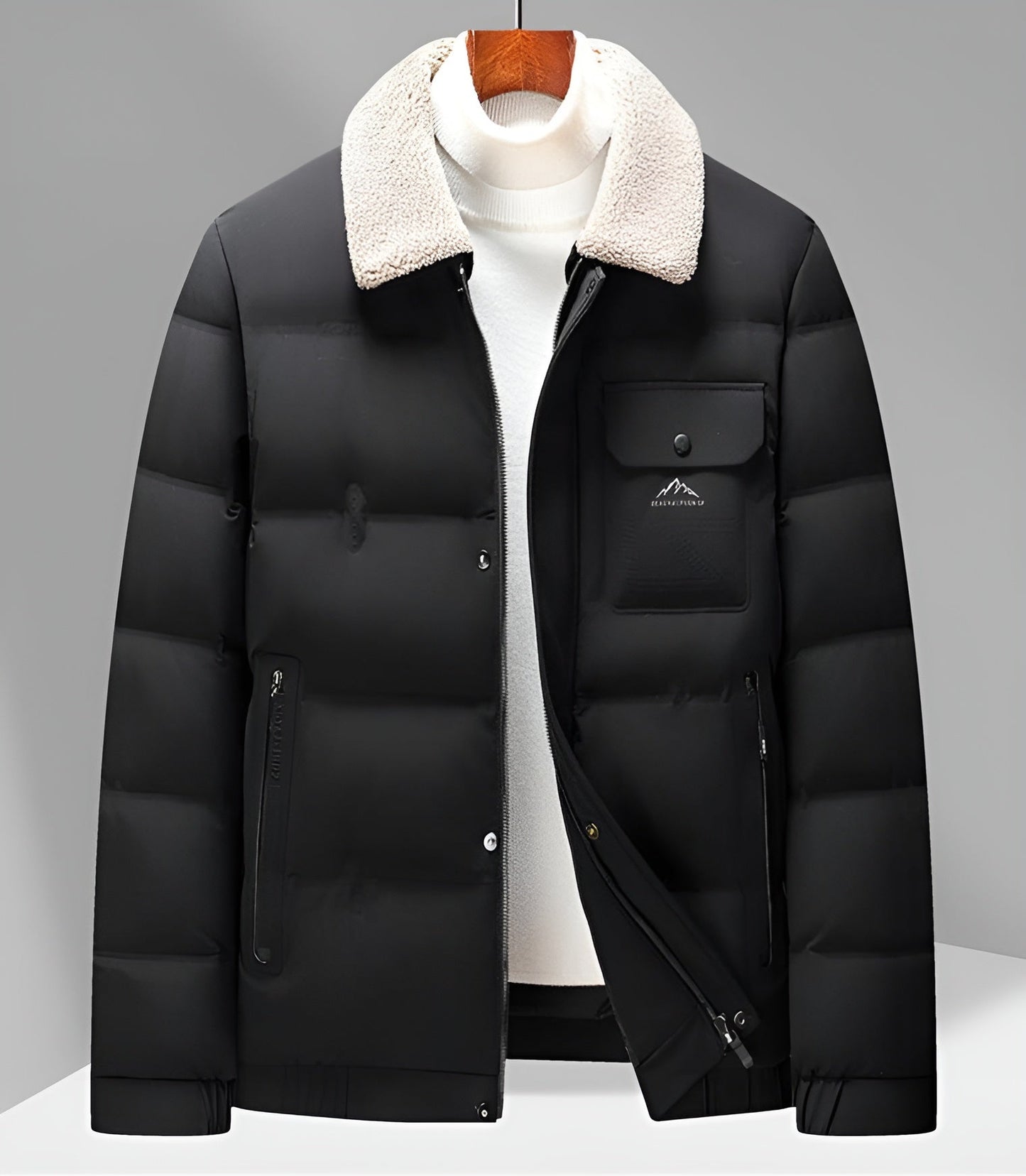 Black matte puffer jacket tailored fit with detachable white sherpa collar