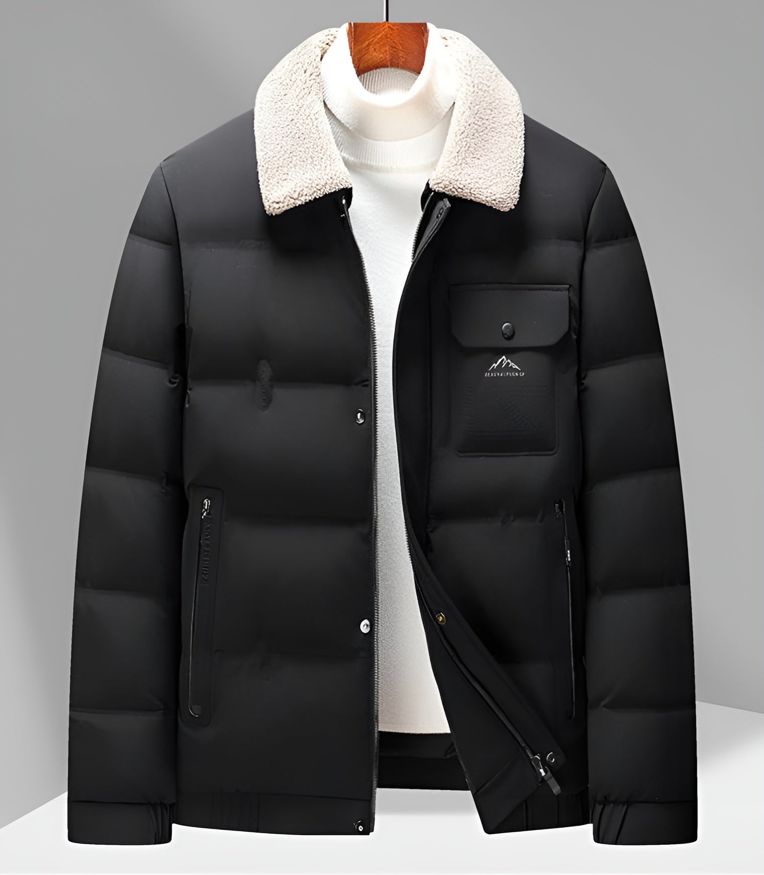 Black matte puffer jacket tailored fit with detachable white sherpa collar