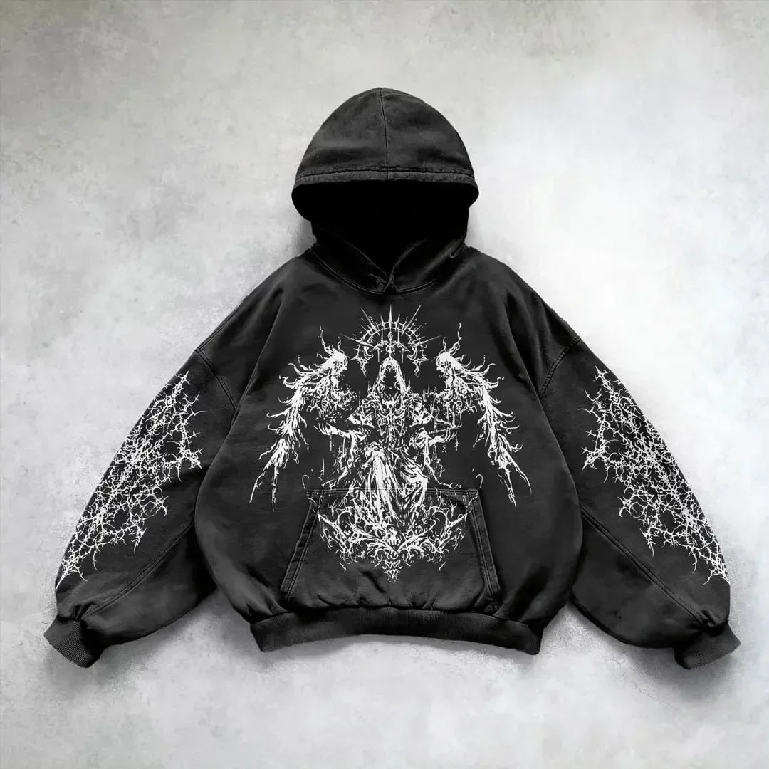 Gravure washed hoodie in faded vintage tones, relaxed streetwear fit with premium cotton lived-in texture