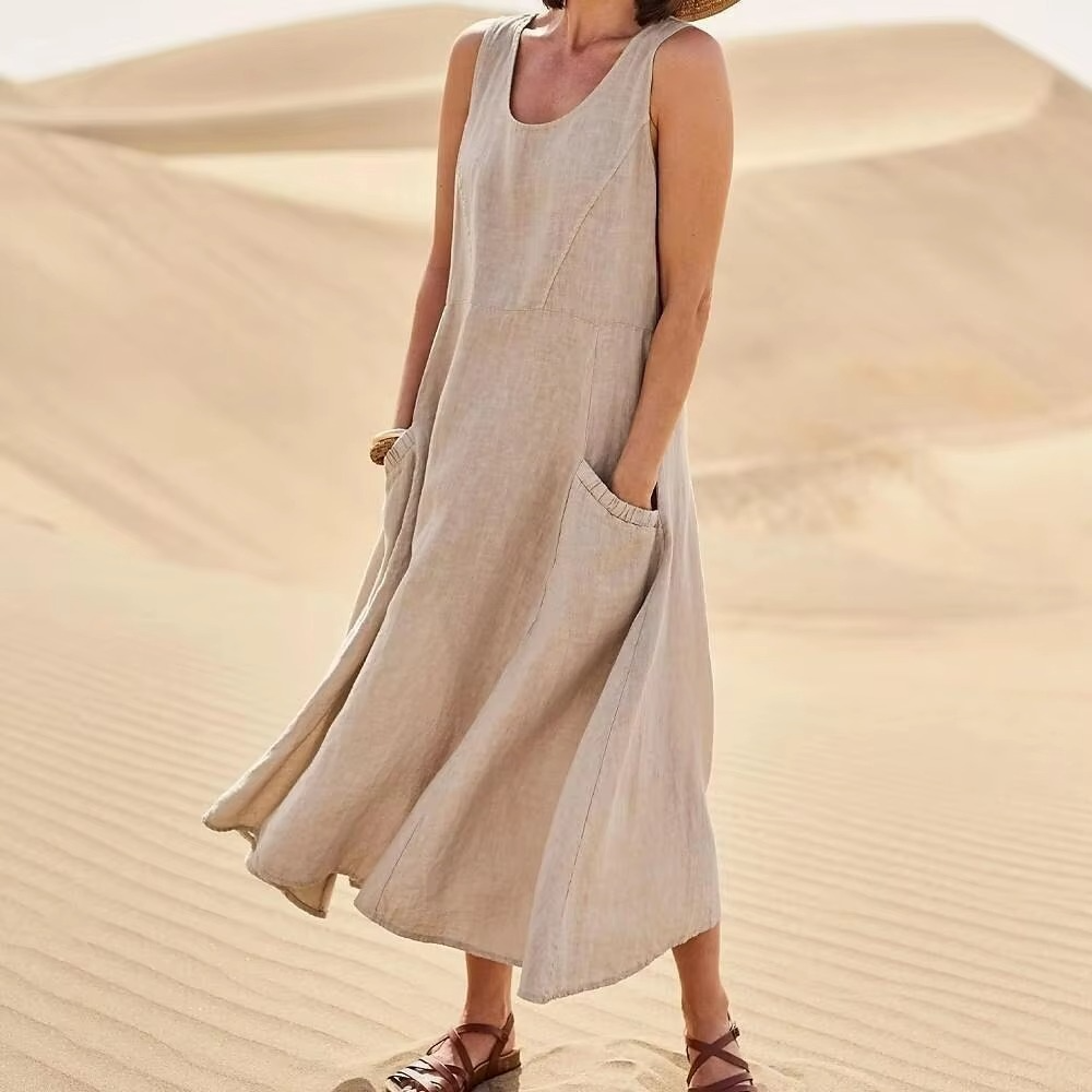 Women's beige cotton linen sleeveless maxi sundress, loose fit with side pockets, casual beach style
