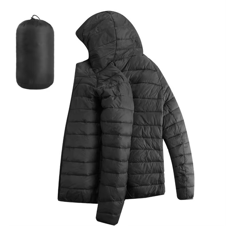 Men's lightweight hooded cotton down jacket with zip pockets, slim urban fit for city commuters