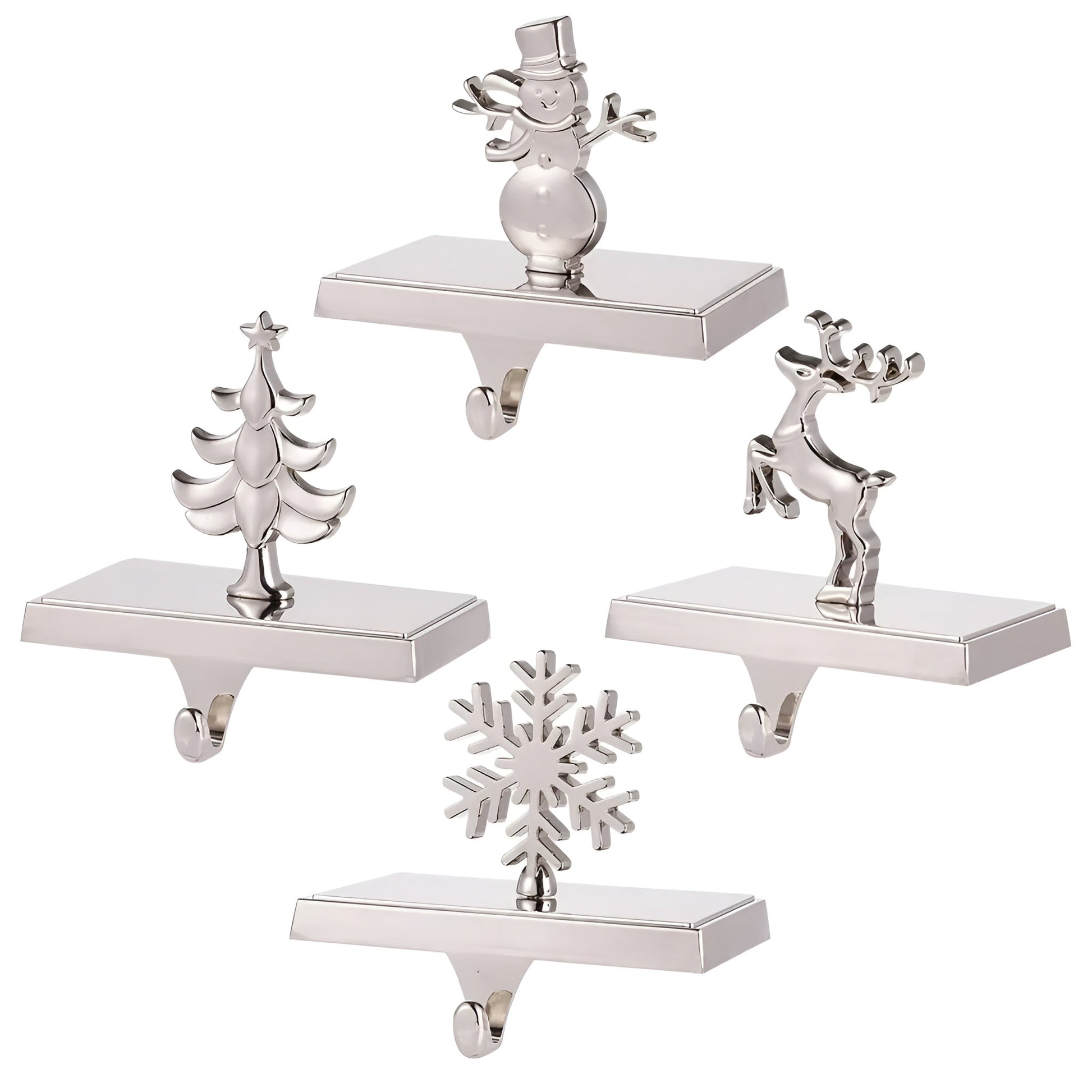 Chrome cast iron Christmas stocking hangers with shiny festive finish, weighted for mantel stability