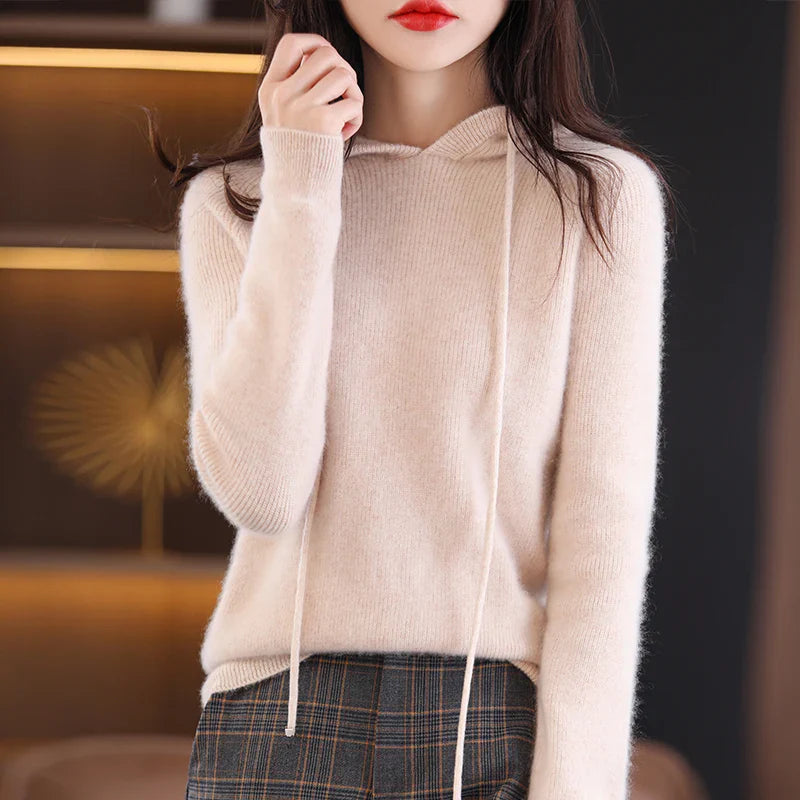 Fiona slim-fit merino wool hoodie in neutral tone with silk-soft texture and breathable knit