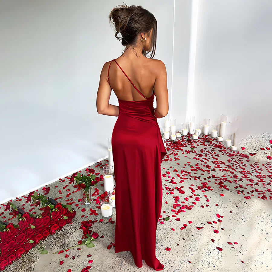 Lily one-shoulder satin dress with ruched waist, sleek asymmetric silhouette for formal events