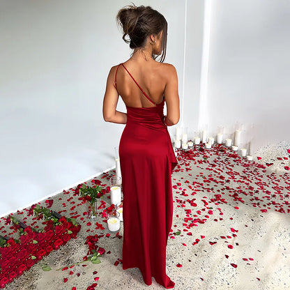 Lily one-shoulder satin dress with ruched waist, sleek asymmetric silhouette for formal events
