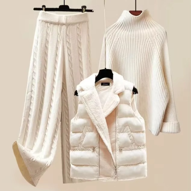 Women's cozy knit 3-piece sweater set wide leg pants high-collar warm elegant neutral tones