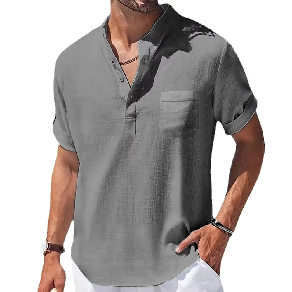 Men's navy blue cotton linen Henley shirt short sleeve casual lightweight breathable summer top