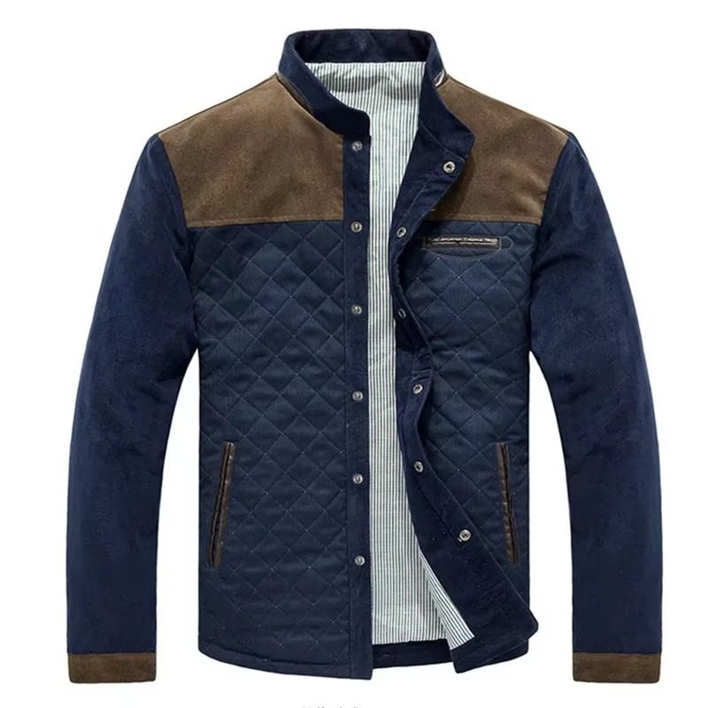 Men's quilted bomber jacket navy denim sleeves slim fit lightweight windbreaker spring style