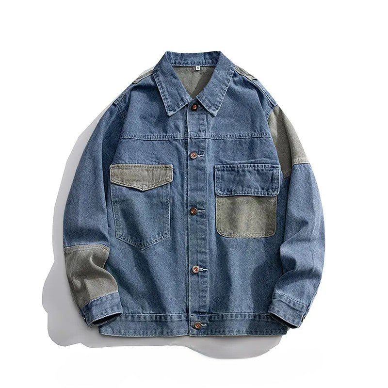 Boxy structured patchwork denim jacket with geometric color block design and stitch embroidery details