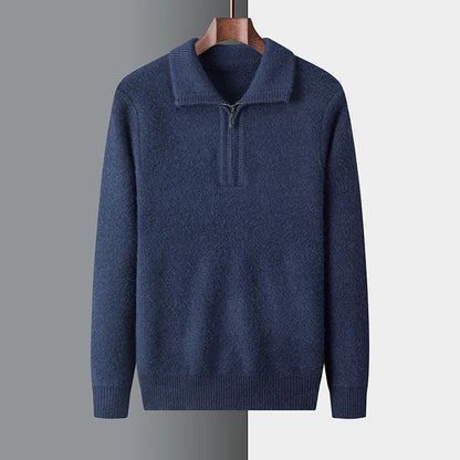 Men's wool quarter-zip pullover with ribbed collar and cuffs, slim knit design for smart-casual wear