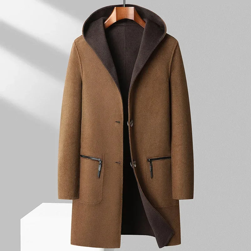 Reversible mid-length wool overcoat in dual-tone colorway with versatile two-way wear design