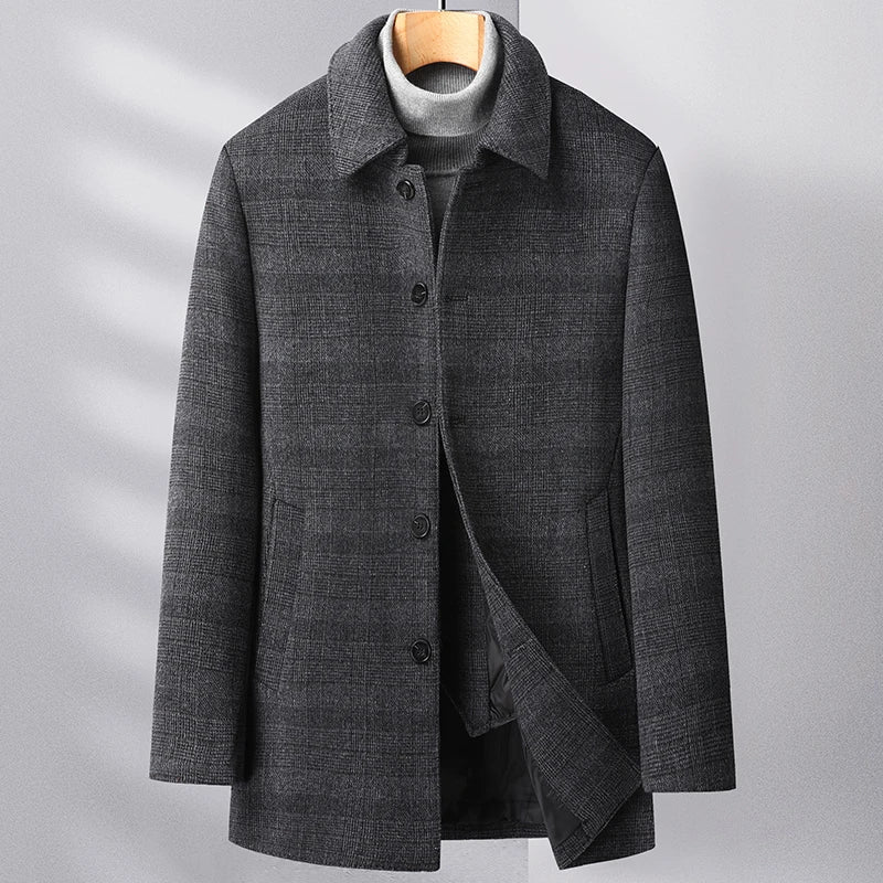 Miller wool trench coat in classic plaid, tailored mid-length cut with down-filled lining