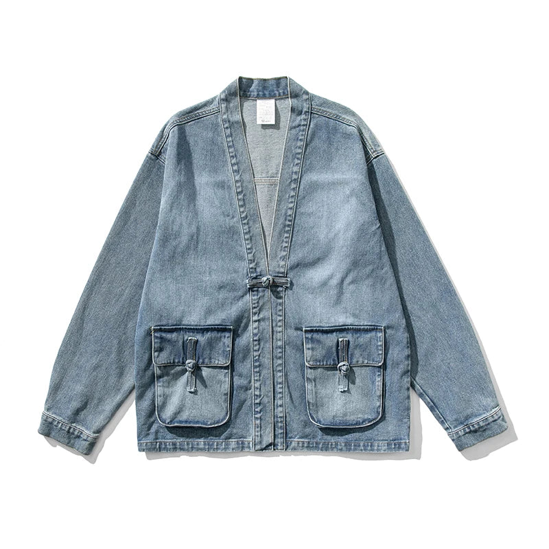 Men's soft-washed denim kimono jacket with wide sleeves and large front pockets streetwear style
