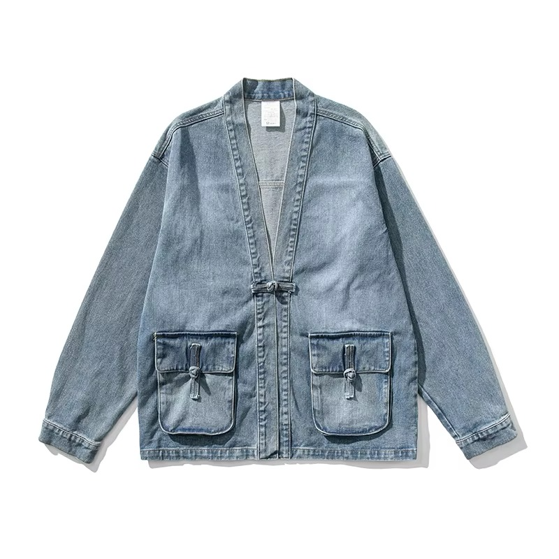 Men's vintage denim kimono jacket in classic blue with relaxed silhouette and front pockets streetwear style