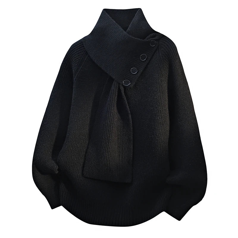 Cozy scarf-neck sweater in neutral tones with flattering sculpting silhouette and soft wrap neckline