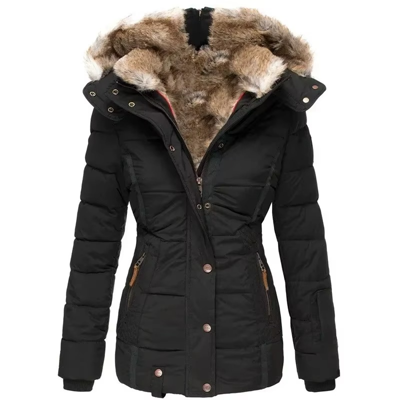 Women's slim fit hooded cotton coat with wool collar, chic everyday warmth style