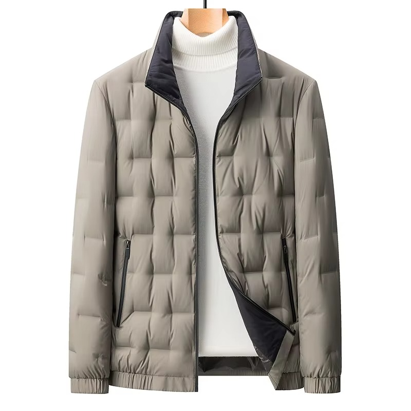 Men's slim fit goose down jacket stand collar lightweight black modern business puffer coat