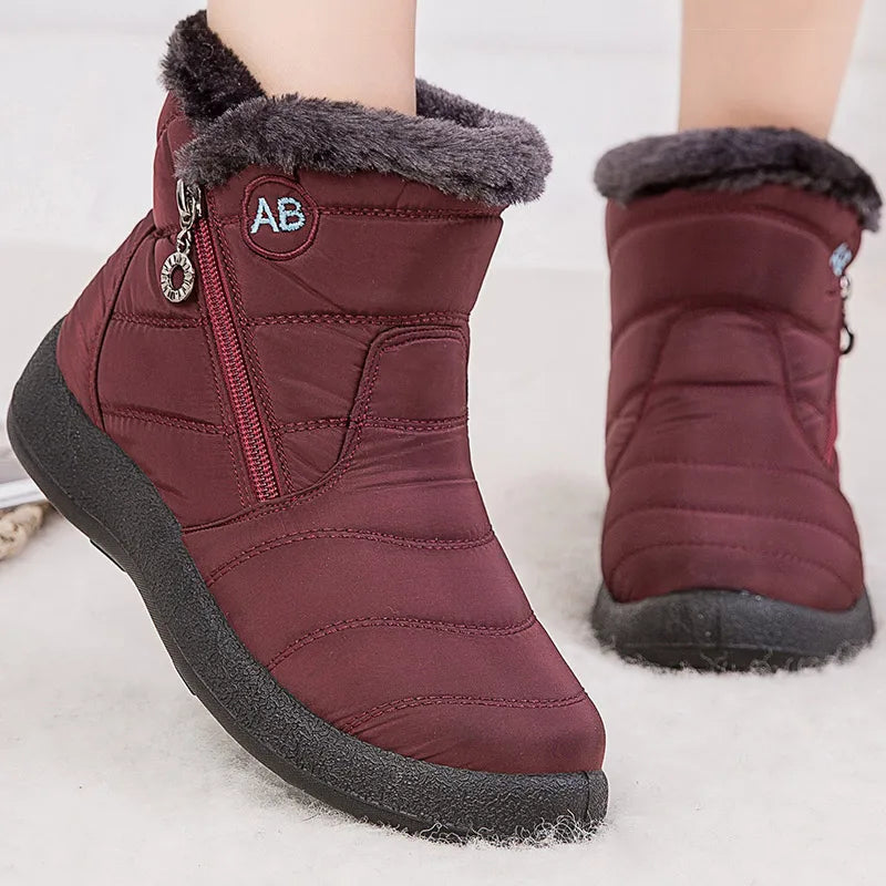 Women's mid-calf snow boots, water-resistant faux fur lined with side zipper, winter style