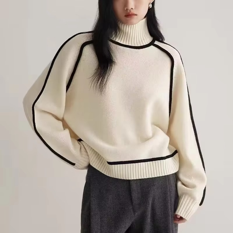 Women striped turtleneck knit sweater loose fit long sleeve pullover cozy warm stylish casual