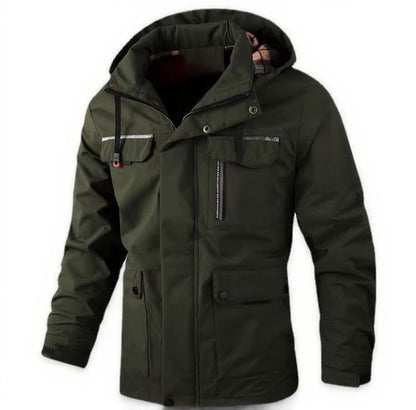 Men's waterproof hooded windbreaker fleece-lined soft shell jacket in versatile outdoor style