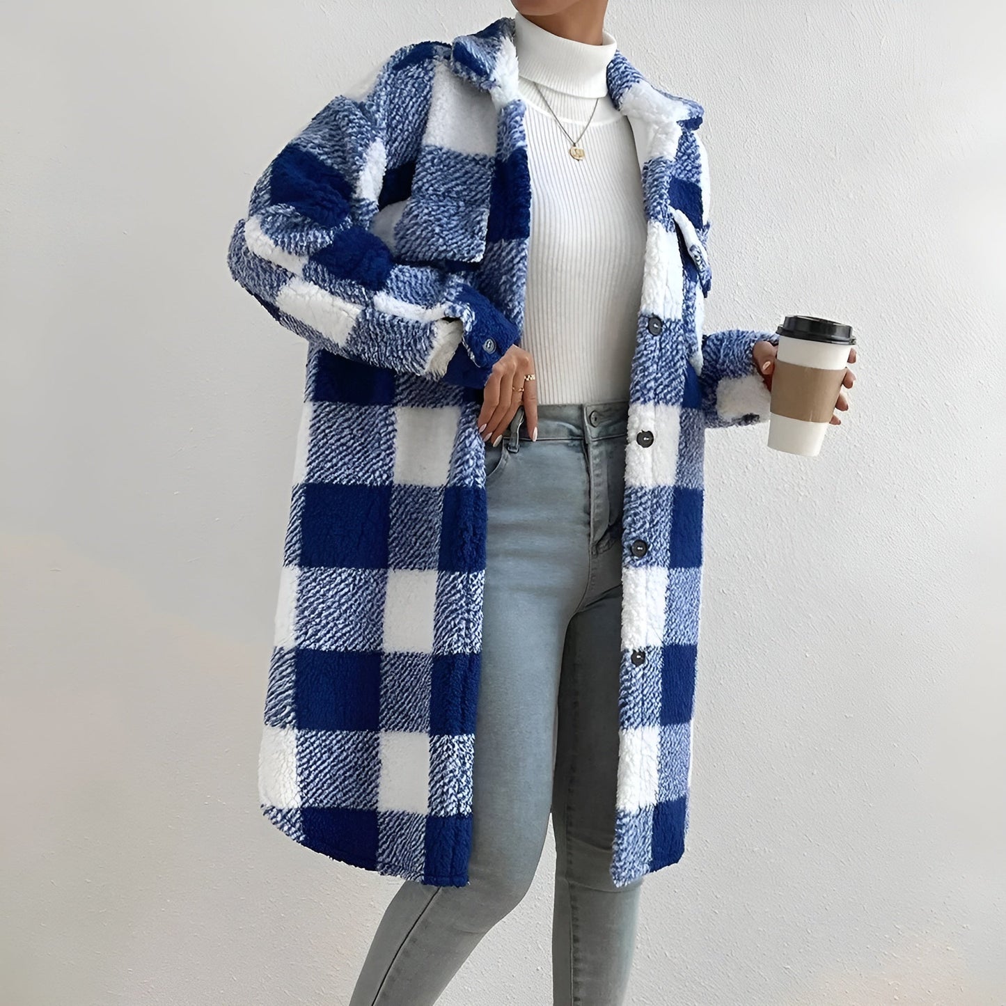 Estella women's plaid fleece coat open trench style cozy warm fall layering piece
