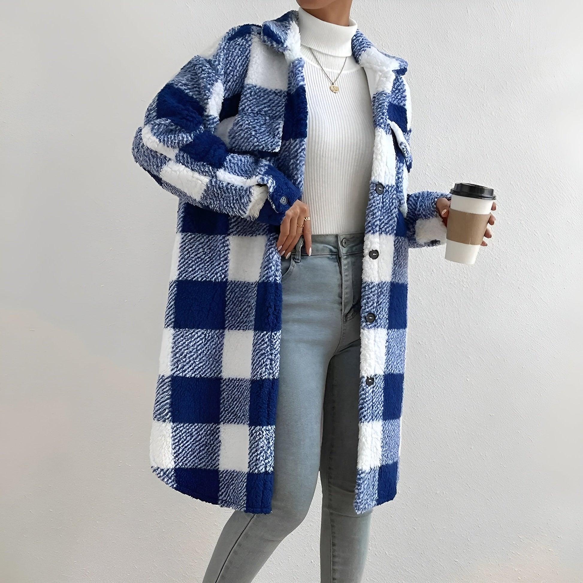 Estella women's plaid fleece coat open trench style cozy warm fall layering piece