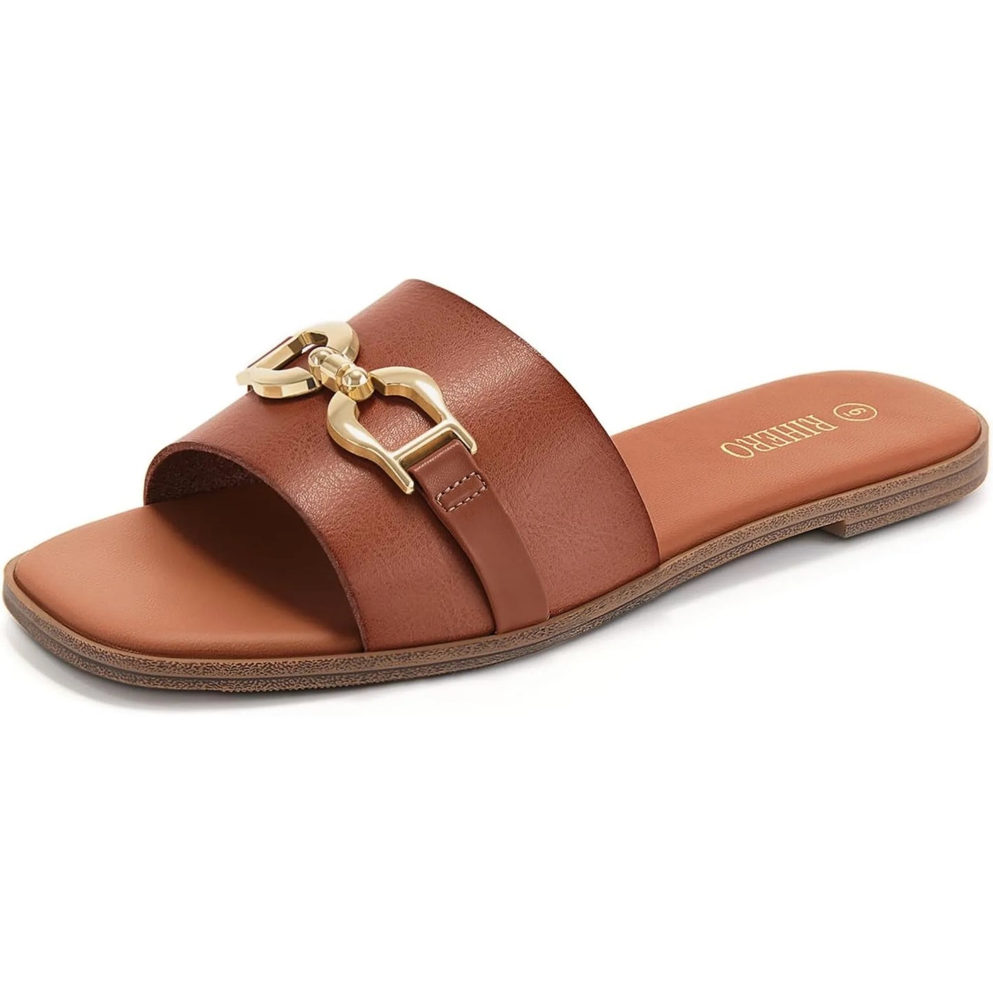 Women's adjustable buckle sandals in neutral tone with elegant gold buckle detail and classic silhouette