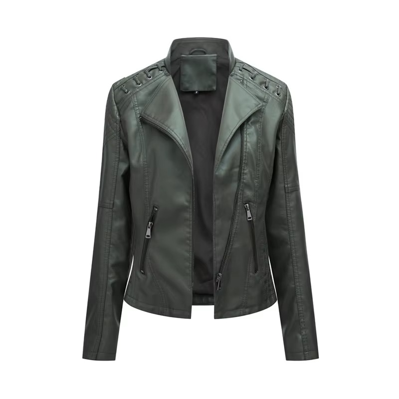 Women's black PU leather motorcycle jacket slim fit short zip-up with bold biker-inspired design