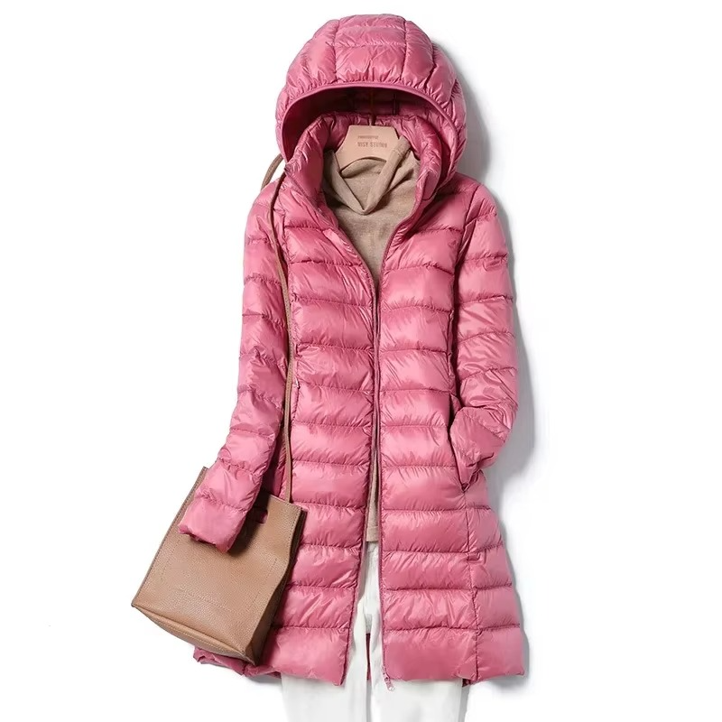 Women's slim fit long hooded down parka lightweight winter coat with elegant silhouette