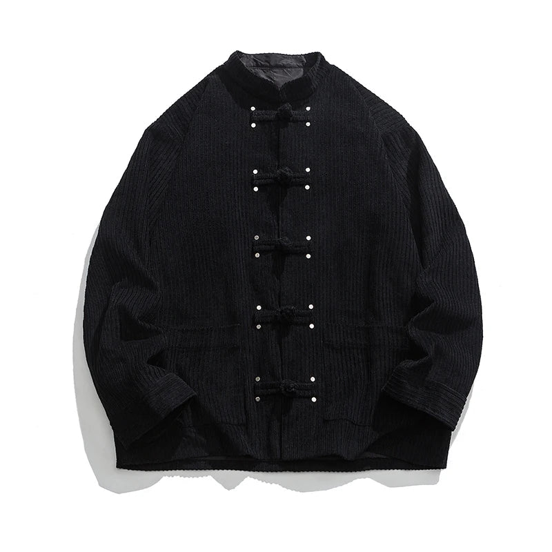 Oversized solid corduroy jacket with Oriental-inspired embroidered frog closure in warm textured fabric