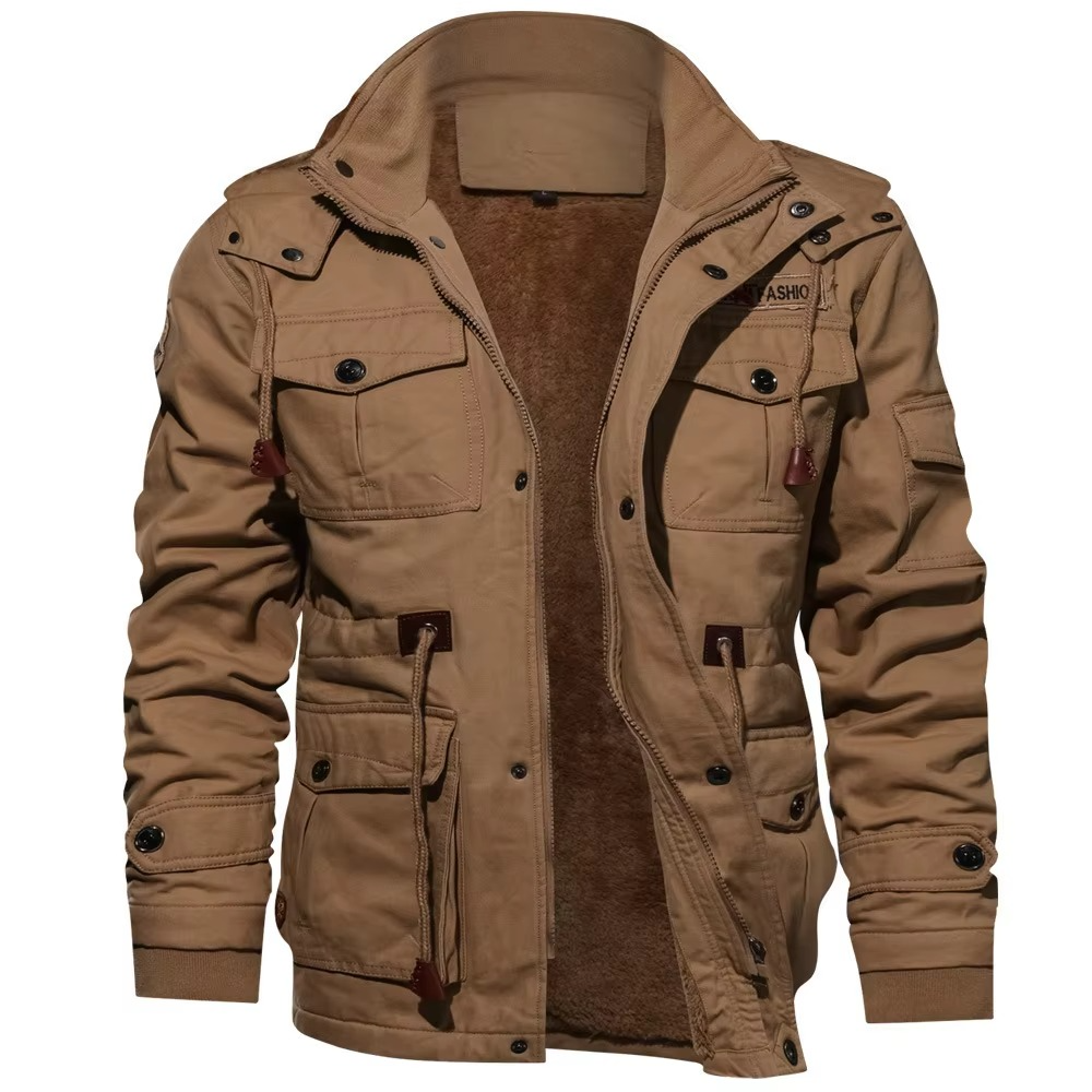 Men's fleece lined hooded cargo jacket water resistant winter coat with adjustable hood
