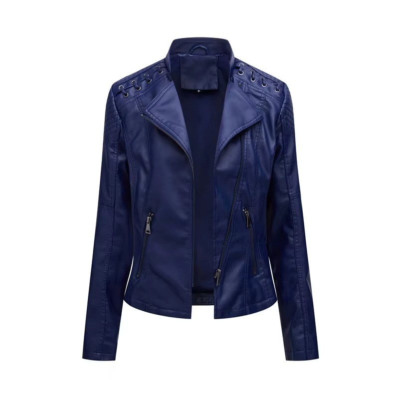 Women's black PU leather motorcycle jacket slim fit short zip-up with bold biker style