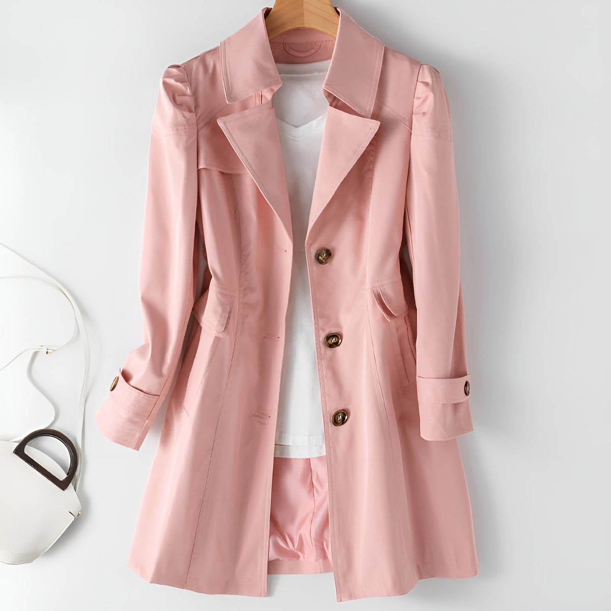 Emery Reed beige open collar trench coat, lightweight weather-resistant cotton blend for layering