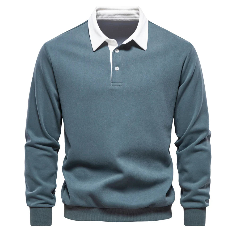 Navy cotton knit polo pullover sweater with white contrast collar, classic smart-casual men's fit
