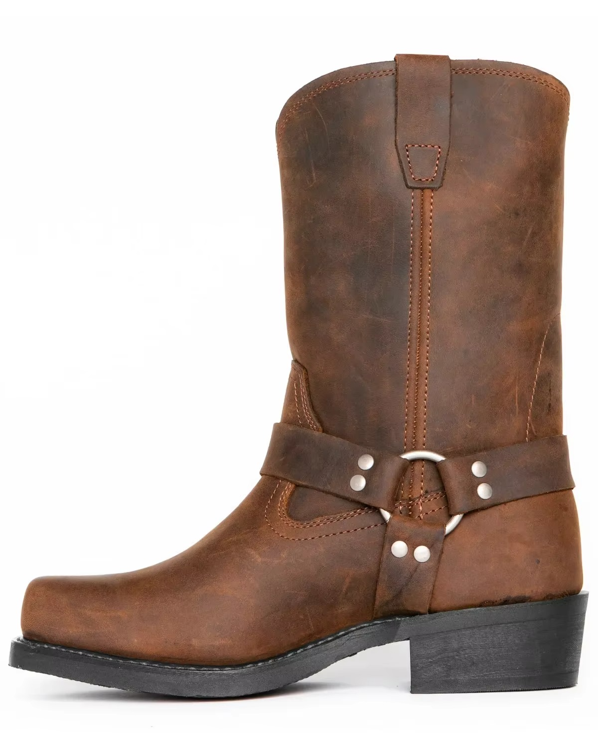 Men's retro western cowboy boots mid-calf brown PU leather slip-on with classic stitched shaft