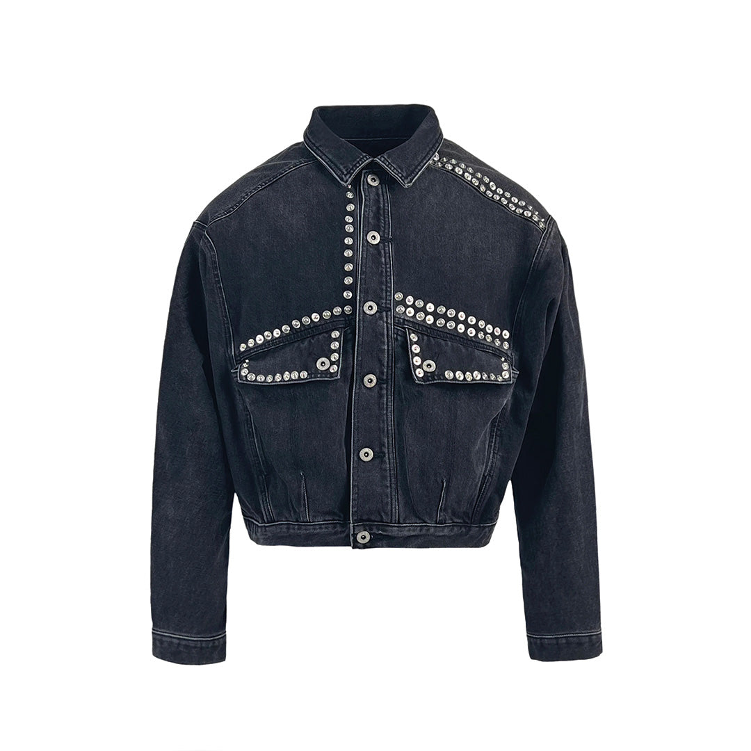 Washed denim jacket with multi-rivet hardware, structured silhouette and turn-down collar for streetwear style