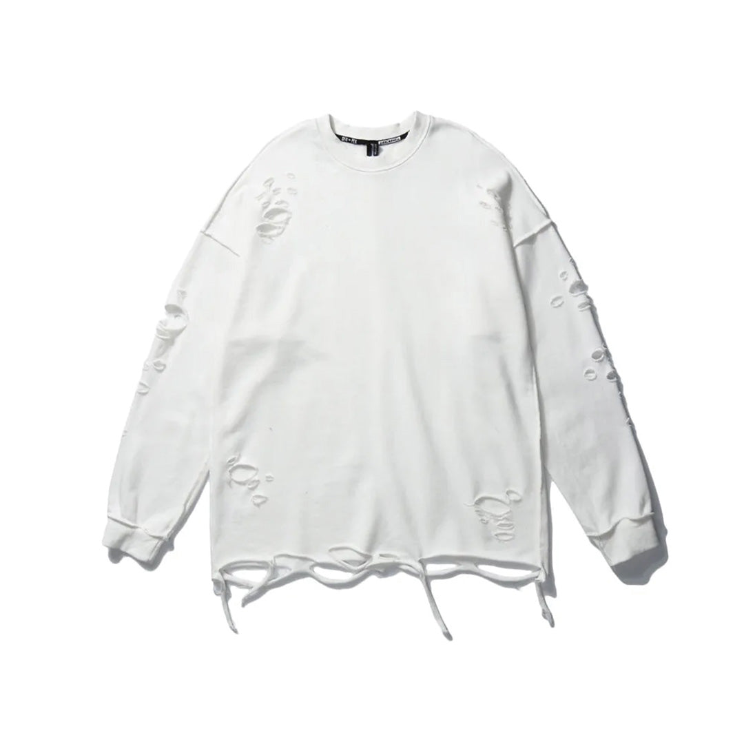 Beige loose-fit distressed cotton sweatshirt with ripped patches and worn-in streetwear finish