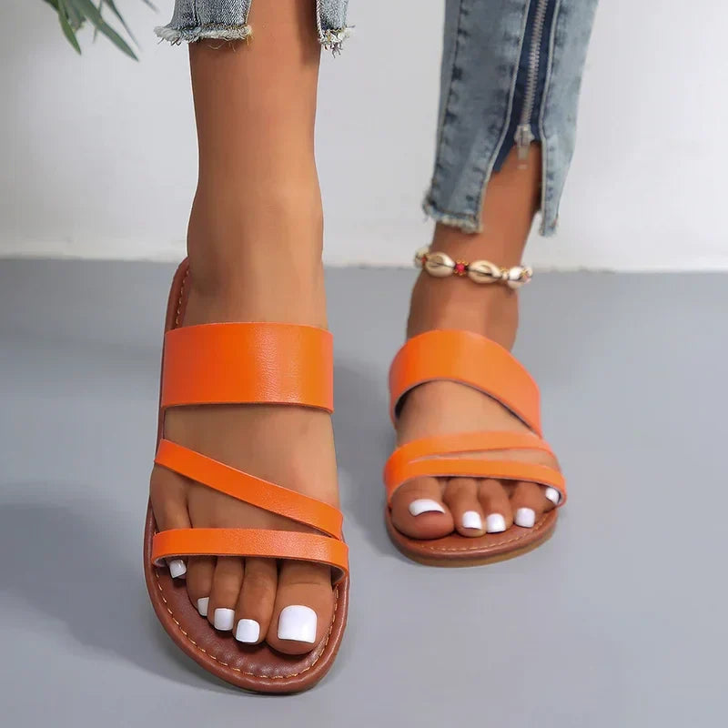 Lilac flat cushioned sandals for women with minimalist design and soft footbed