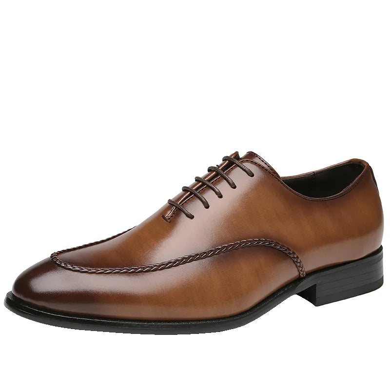 Men's rich brown patent leather Oxford shoes sleek silhouette high-gloss polished finish classic style