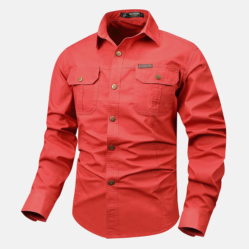 Men's olive utility button-down shirt with durable fabric and multiple utility pockets for outdoor use