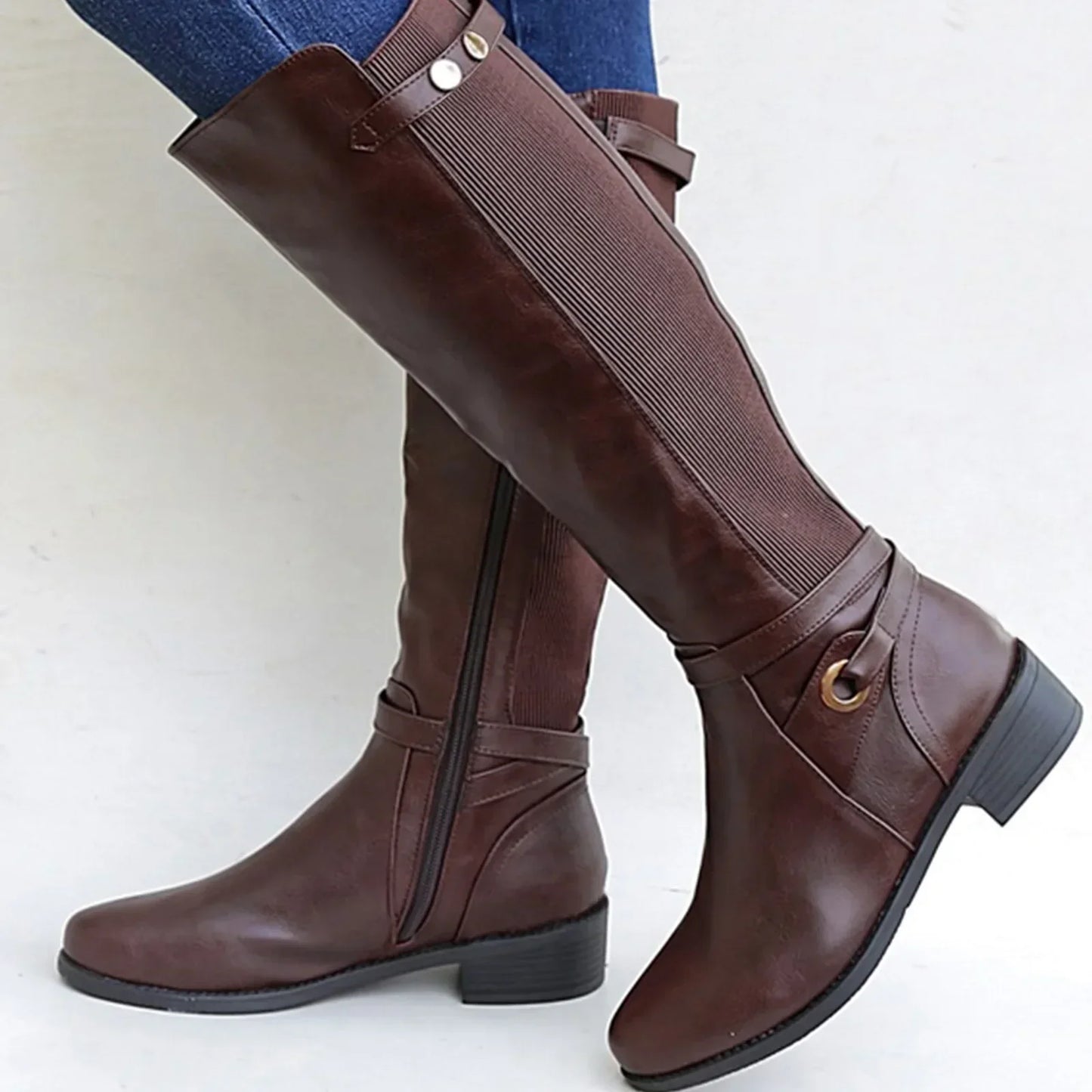 Women's knee-high comfort leather boots in classic tan with sleek silhouette and full-grain leather upper