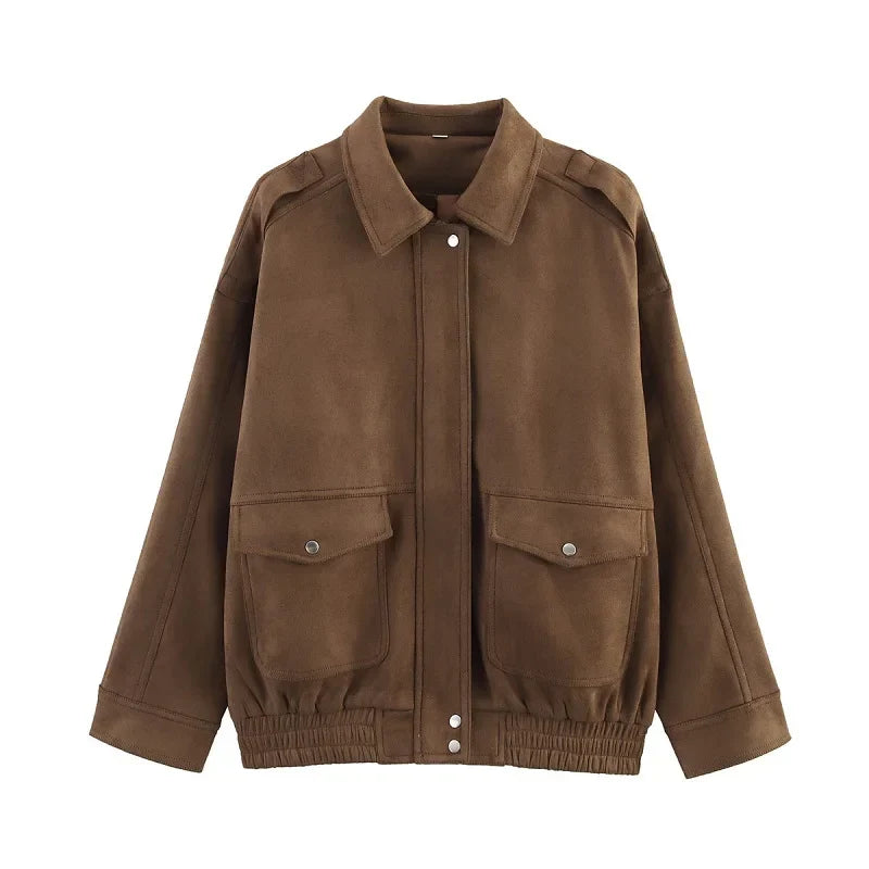 Wavlynn Claire women's relaxed fit casual jacket with functional front flap pockets for city style