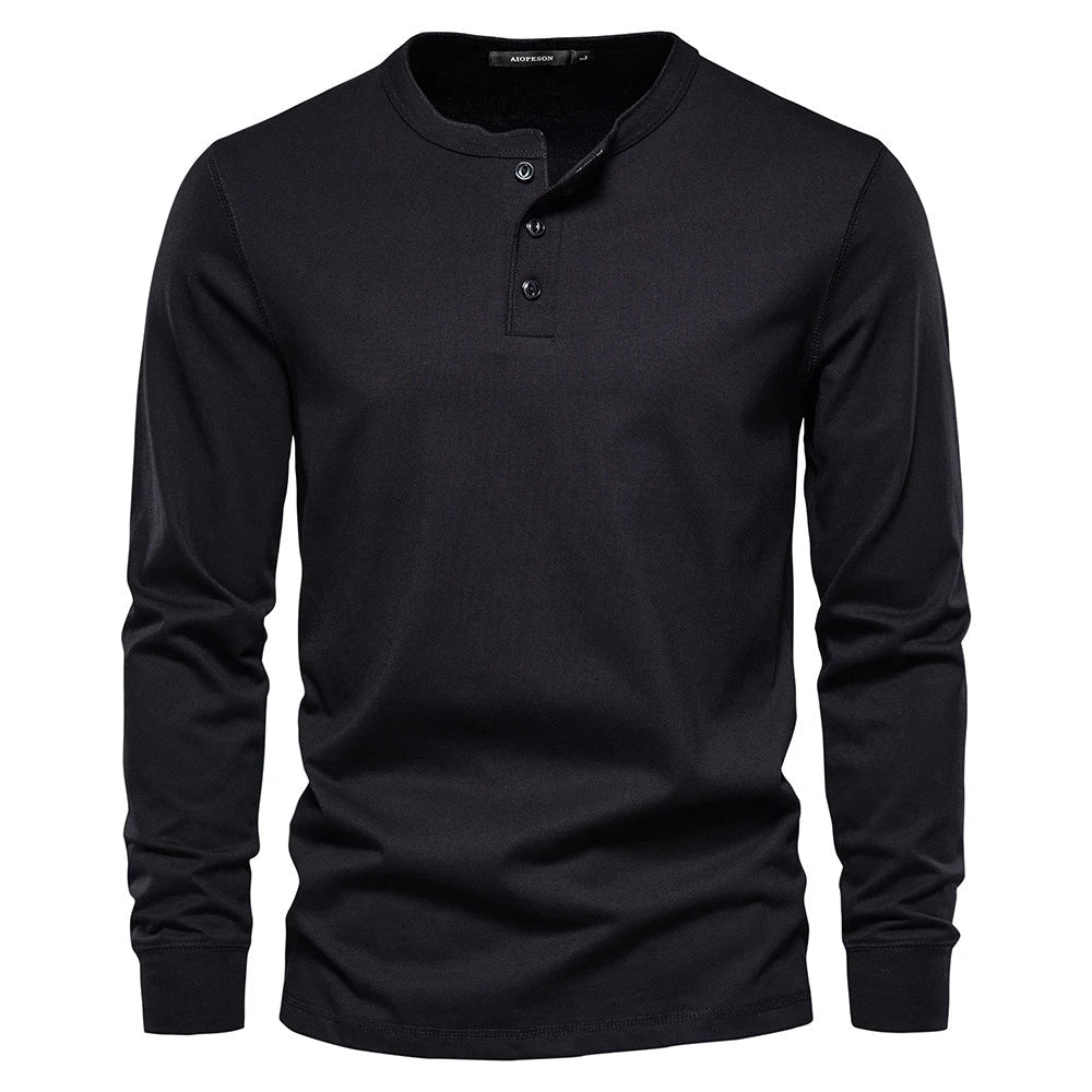 Navy blue men's long sleeve Henley shirt with classic button-up neckline and relaxed refined fit