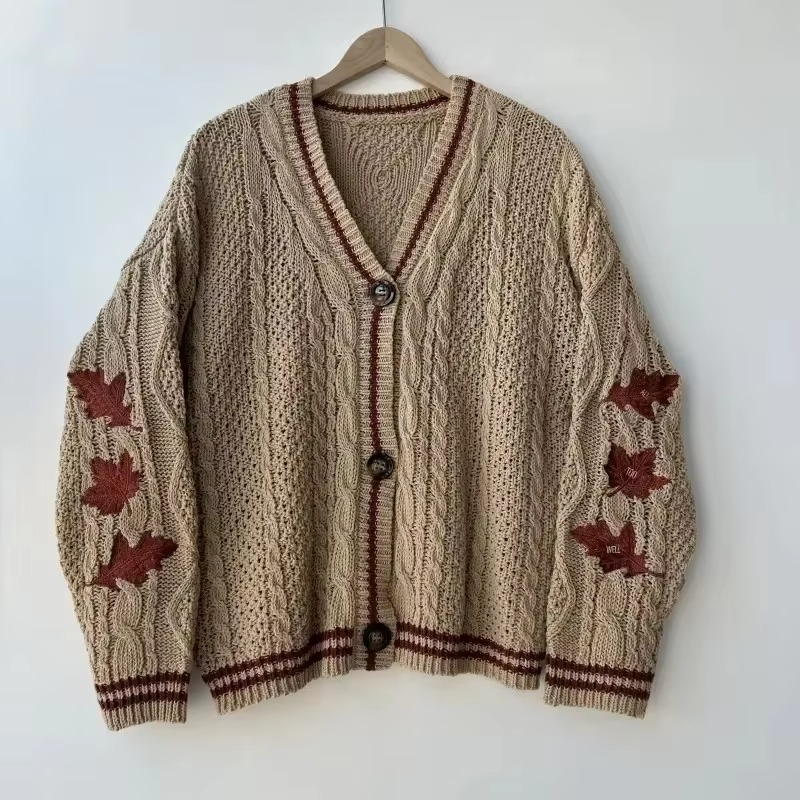 Women's brown knit cardigan with autumn maple leaf embroidery, cozy midweight relaxed-fit layer