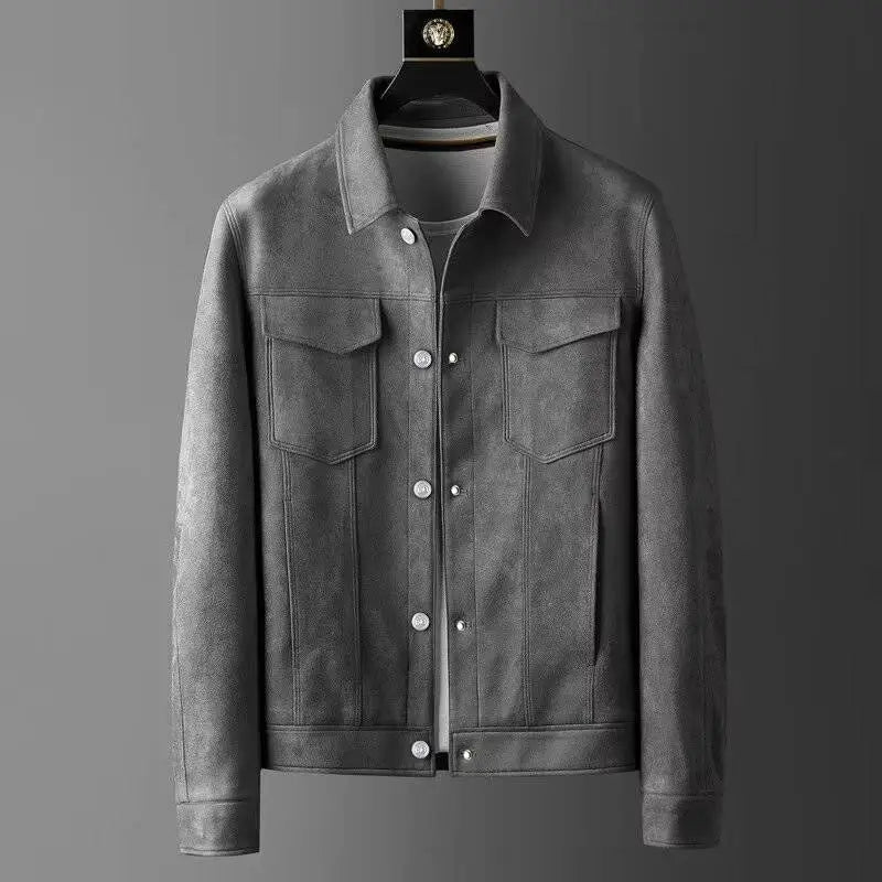 Men's slim fit suede jacket with polo neck, faded natural finish, premium rich texture for year-round style