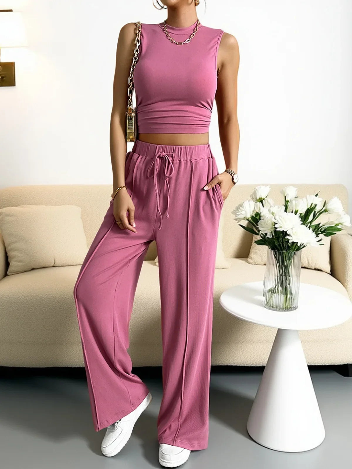Lena summer two-piece pants set in relaxed-fit sleeveless top and trousers, lightweight polyester