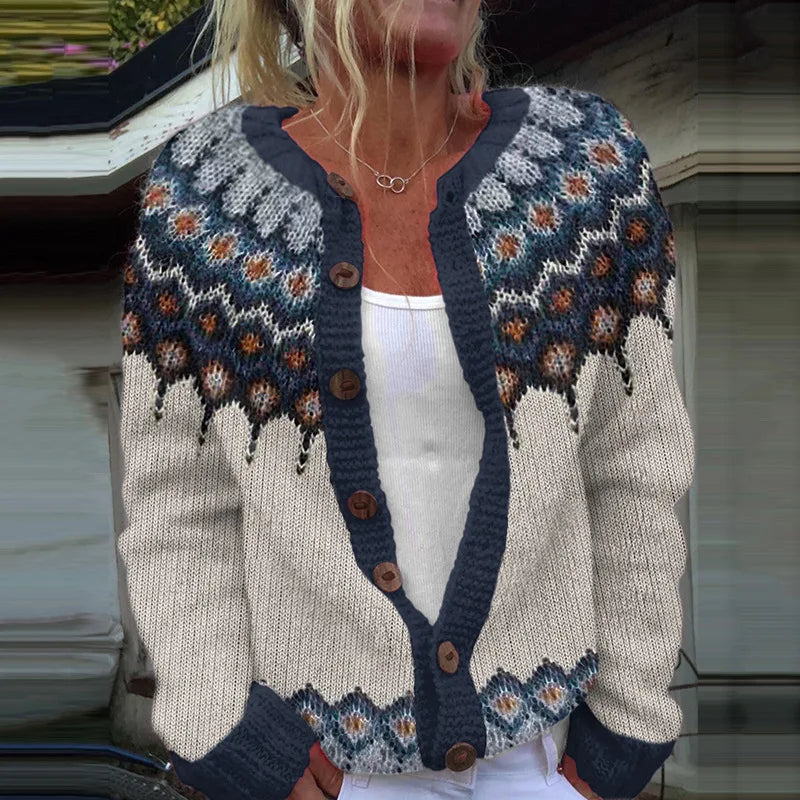 Loose-fitting printed cardigan in neutral tones, relaxed silhouette with breathable soft fabric for effortless layering